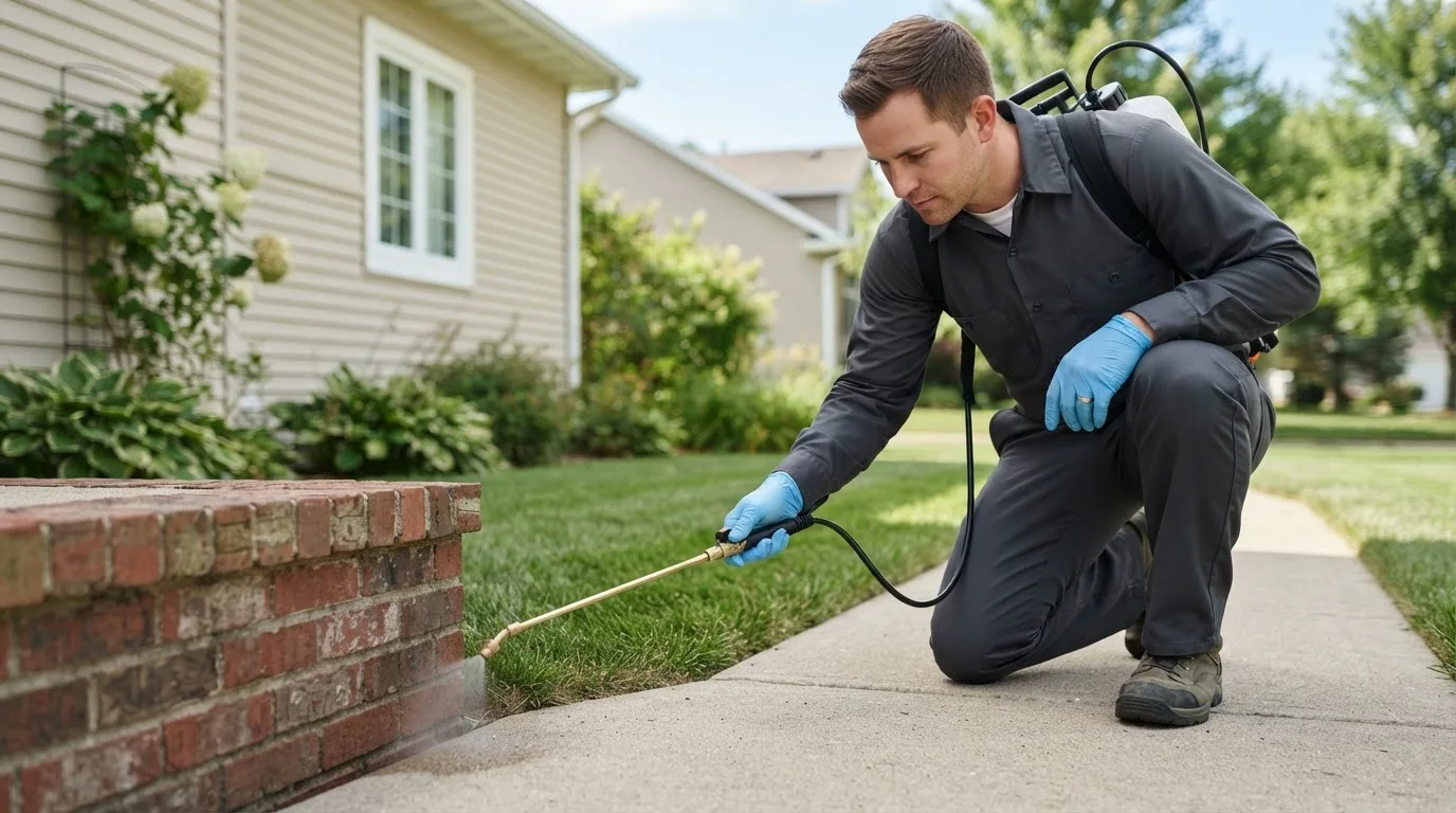 Pest control technician treating a home near Ellsworth, WI