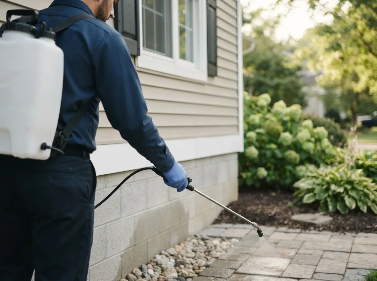 Pest control technician inspecting a home in Ellsworth, WI
